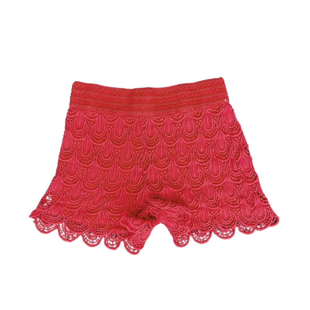 CANCLAY•ALIZARIN CRIMSON CROCHETED LACY DRESS SHORTS•SIZE: L